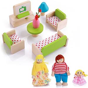 cobee Mini set di mobili in legno per casa delle bambole, 12 pezzi in miniatura con 3 figure di famiglia, accessori per il soggiorno della casa delle bambole