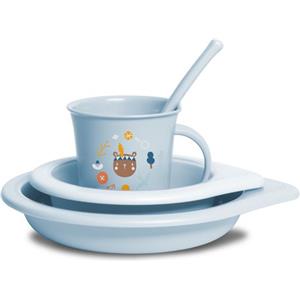Suavinex Set Svezzamento Azzurro 6M - Piatto, Scodella, Tazza e Cucchiaio in Silicone per Apprendimento Autonomo