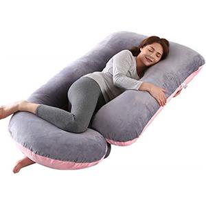SHANNA Cuscino gravidanza per dormire, Cuscino allattamento e gravidanza, grande a forma di U e supporto premaman con rivestimento in velluto sostituibile e lavabile (Rosa e Grigio-Velluto)