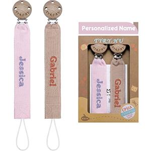TYRY.HU Catenella Portaciuccio con Nome Personalizzata Porta Succhietto Clip di Legno Cotone Bambine Ragazzi Massaggiagengive Ciuccio Clip Baby Regalo, 2 Pezzi