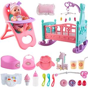 deAO Bambolotti Bambole e Accessori, 12' Bambola Bebè Set con Culla Seggiolone per Bambole e Accessori Inclusi, 21 Pezzi New Born Baby Dolls per Bambini 3+ Anni