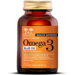 Salugea OMEGA 3 KRILL OIL Salugea - 100% naturale da puro olio di Krill Antartico con Colina e Astaxantina - EPA e DHA altamente assimilabili - 60 Perle - Flacone in vetro scuro farmaceutico