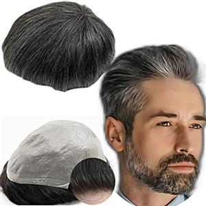 YANAHAIR Protesi Capelli Uomo Yanahair Toupee per Uomini Parrucchini Parrucca Capelli Veri Uomo Parrucche 100% Europeo Capelli Umani Veri 0.04mm V-loop PU pelle sottile Toupet (8x10",#1B40 nero e grigio)