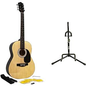 Martin Smith Chitarra acustica con corde, plettri e tracolla per chitarra, Naturale & Rockjam Universal Portable Guitar Guitar Stand per chitarra acustica, chitarra elettrica e chitarra basso