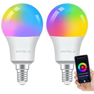 ANTELA Lampadine LED Alexa Inteligente WiFi E14, Dimmerabile Lampadina Smart 7W 806ML 60W equivalente, RGB & 2700K-6500K bianco freddo caldo, compatibile con Alexa/Google Home, 2 pezzi