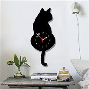 Topkey Orologio da Parete a Forma di Gatto in Acrilico Con Coda Oscillante per Soggiorno, Cucina, Camera Da Letto (42 cm x 18 cm) - Nero