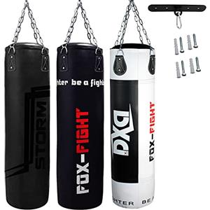 Fox Interactive Media Fox-Fight, sacco da boxe vuoto con catena in acciaio con supporto a soffitto, per kickboxing, arti marziali, Muay Thai Boxe, 125 x 35 (ungefüllt) Black .