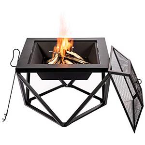 Peaktop Teamson Home Giardino Braciere Grande a Legna, Camino e Stufa a Legna, Mobili da Esterno, Bruciatore a Legna in Metallo con Attizzatoio e Coperchio, Geometrico Nero