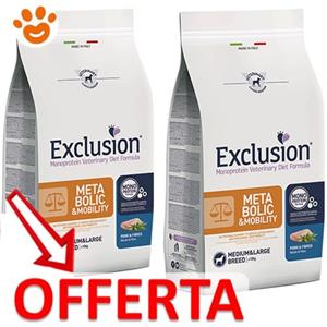 Exclusion Dog Metabolic & Mobility Adult Medium Large Breed Maiale e Fibre - Offerta [PREZZO A CONFEZIONE] Quantità Minima 2, Sacco Da 12 Kg