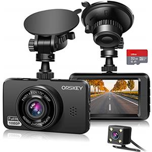 ORSKEY Dash Cam Doppia Telecamera per Auto e Scheda 32GB SD inclusa 1080P Full HD Videocamera Dashcam 170° con Registrazione Loop e Sensore-G