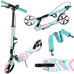 Raven - Monopattino per bambini, adulti - Scooter - Monopattino - Pieghevole, regolabile, tracolla per il trasporto, campanello - Zea Mint/Pink con Freno a Mano, ruote da 200 mm