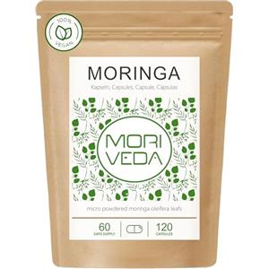 MoriVeda Moringa Oleifera capsule 500 mg, micropolverizzate, 120 capsule vegane con ferro e calcio, senza lattosio e senza glutine, oltre 90 nutrienti, formula ayurvedica