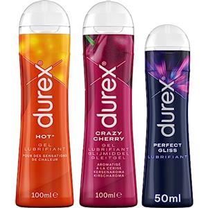 Durex - Set di 3 gel lubrificanti sessuali, 1 Cherry gel commestibile da 100 ml, 1 Hot gel da 100 ml e 1 gel Perfect gliss lubrificante anale da 50 ml