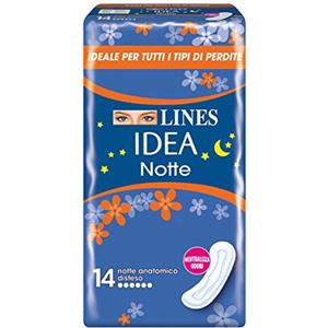 Lines Idea Sottile Notte Anatomico Disteso, 14 assorbenti. Ideale per tutti i tipi di perdite, Assorbenti lunghi per la notte con cuore Lines assorbente, Neutralizza Odori, Ipoallergenico.