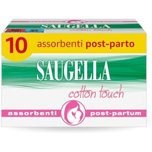 Saugella Cotton Touch Post Parto, 10 Assorbenti Cotone Post Parto, Senza Strato Adesivo, Azione Antibatterica, Lenitiva
