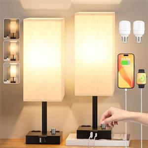 kakanuo Lampada da Comodino con Porte Tipo-C USB-A, Abat Jour da Comodino Coppia, 4 Presa CA 2 Lampadine, Dimmerazione Continua, Lampada da Tavolo Moderne per Camera da Letto Soggiorno Ufficio