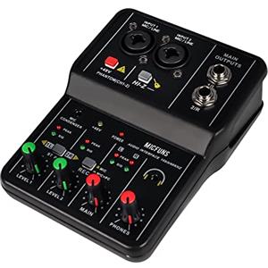 micfuns Mini interfaccia audio mixer DJ a 2 canali con alimentazione phantom da 48 V, microfono e chitarra XLR + 6,35 mm, ingresso stereo da 3,5 mm, jack per cuffie per spettacoli dal vivo in studio,