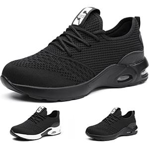 Gainsera Scarpe Antinfortunistica Uomo Leggere Traspiranti Scarpe Antinfortunistiche Donna Estive Scarpe da Lavoro con Puntale in Acciaio, Nero Pieno 36EU 230