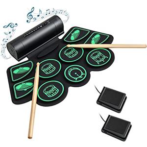 COSTWAY Batteria Elettronica Kit 9 Pad e 2 Pedali, Batteria Elettrica Portatile Roll Up Drum, Altoparlante Integrato, Bacchette Tamburo, per Bambini, Adulti e Principianti, Regalo di Natale (Verde)