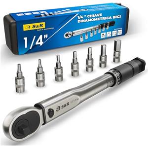 S&R Chiave Dinamometrica 1/4. Set Chiave Dinamomentrica Bici e Moto (5-25Nm) 27,2 cm con 6 Bussole Inserti Brugole Esagonali e 1 Torx. Chiave Bicicletta e Mtb.