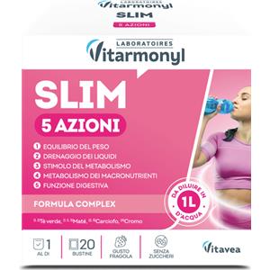 Vitarmonyl AquaLigne 5 Azioni - Integratore Alimentare Drenante e Metabolico con Tè Verde e Vitamina C, Gusto Fragola, 20 Bustine Senza Zuccheri