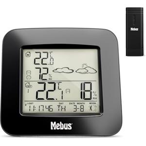 MEBUS Funk-Wetterstation mit Außensensor Thermometer Hygrometer Wettervorhersage Mondphasen Wettertrend, Alarm mit Weckwiederholung, Kalender/Material: Kunststoff/Farbe: Schwarz/Modell: 40715