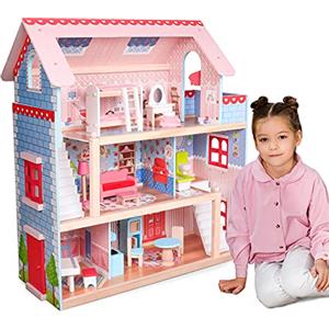 Infantastic® Casa delle Bambole - 3 Piani, in Legno con Strisce LED, 16 Accessori e Mobili Inclusi, per Bambola da 13 cm - Doll House, Casetta dei Sogni, Grande, Castello, Case Grande, Stanza, Mobili