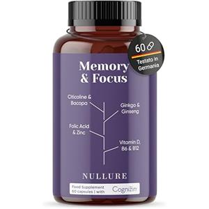 Nullure Nootropico | con Citicolina 250 mg COGNIZIN® | Integratore Memoria e Concentrazione | Testato da terzi | Vegano e Senza Additivi | con Ginkgo Biloba | 60 caps (1 mese) | Prodotto a Barcellona