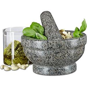 Relaxdays Mortaio con Pestello Diametro 17 cm, Robusto, Resistente, Trita Erbe, Vera Pietra, Granito, Grigio