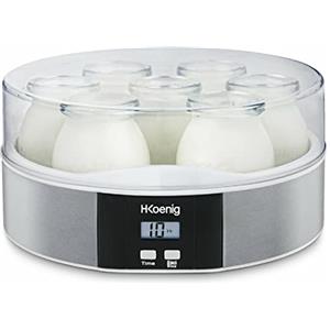 H.Koenig Yogurtiera 7 vasetti ELY70, Capacità 7 x 160 ml, Programmabile fino a 15 ore, Display LCD, Corpo in acciaio inox, Lavabile in lavastoviglie, Arresto automatico, Potenza 15 W