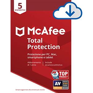 McAfee Total Protection 2020 5 Dispositivi, 1 Anno, Software Antivirus, Gestore delle Password, Sicurezza Mobile, Multi-Dispositivo, PC/Mac/Android/iOS, Codice di Download