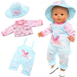 Miunana Abito Vestito Blu Stampa Unicorno + Cappello + Scarpe per New Born 36 CM - 42 CM (14 Pollici - 16 Pollici) Baby Dolls Bambola bebé E Altre Bambole, Bambolotti Amore Mio (Non Include Bambola)