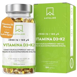 AAVALABS Vitamina D3 K2 Alto Assorbimento Olio Extraverg.d'Oliva - Vitamina D3 2000 UI + Vitamina K2 MK7 100 μg - Vitamina D 2000 UI e Vitamina K - 180 Capsule