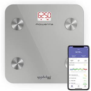 Rowenta BR9600 Goodvibes Life + Bilancia Pesapersone, Bilancia Digitale Intelligente, App connessa, 10 Misurazioni Corporee tra cui IMC, BMR, Massa Grassa, Muscolare e Ossea, Argento