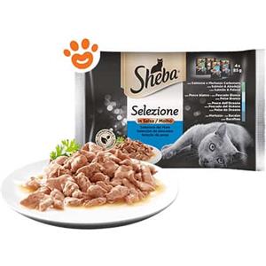 Sheba Selezione del Mare - Cibo Umido per Gatti con Salmone e Merluzzo Carbonaro, 4 x 85 gr