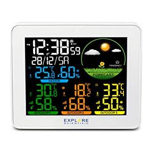 Explore Scientific WSH4005C Stazione Meteo Radio-Controllata, Barometro con Previsioni del Tempo , temperatura/umidità int/ext, 3 Sensore inclusi , memorizza storico dati, bianco