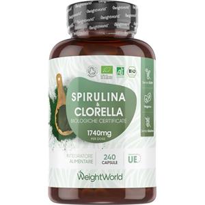 WeightWorld Spirulina e Clorella Biologiche Certificate, 240 Capsule Vegane, Alga Spirulina Bio, Clorella Bio Superfood, Dose da 1740mg per Capsula, Integratore Privo di Glutine e Senza OGM, Prodotto in Europa
