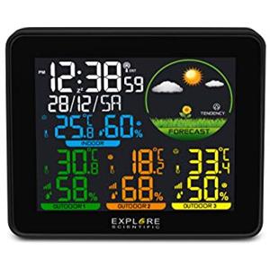 Explore Scientific WSH4005C Stazione Meteo Radio-Controllata, Barometro con Previsioni del Tempo , temperatura/umidità int/ext, 3 Sensore inclusi , memorizza storico dati, nero