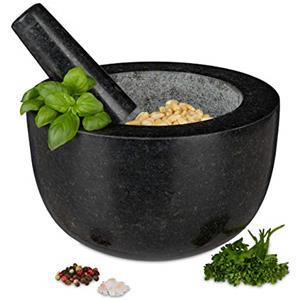 Relaxdays Mortaio e Pestello, in Granito, Erbe Aromatiche e Spezie Volume: 750 ml, Pietra Lucida, D: 20 cm, Grigio Scuro