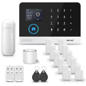 PGST Sistema di Allarme Casa Senza Fili, GSM, 4G,Kit allarme WiFi DIY con 1 Sirena, 10 Sensori, 2 Telecomandi e 1 Sensore di movimento, 2 RFID, Antifurto Lavora con Alexa(PG103-4G)
