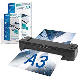 Waytex Plastificatrice A3 A4 A5 A6 A7 Pro Ultra Veloce a Caldo e Freddo, Temperatura Regolabile, Uso Professionale Intensivo, Confezione con 100 Buste A4 + 100 Buste A3