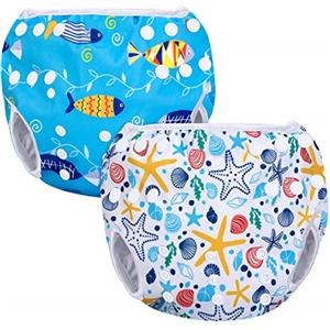 Luxja Riutilizzabile Pannolini da Nuoto (Confezione da 2), Costume Pannolino Lavabili, Impermeabile Pannolino Piscina (0-3 Anni), Shell + Pesce Azzurro