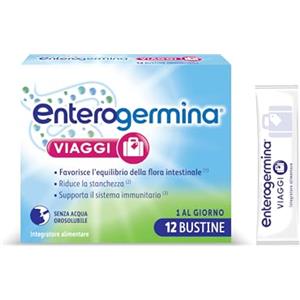 Enterogermina Viaggi, Vitamina b12, Vitamina d, Fermenti Lattici Probiotici, per Adulti - Integratori per Flora Intestinale in Viaggio, Stanchezza e Sistema Immunitario (12 Bustine Gusto Fragola)