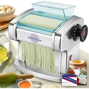 Moongiantgo Macchina per la Pasta Elettrica Acciaio Inossidabile, Con 2.5mm Tondo & 4mm Piatto Taglierina, Regolazione dello Spessore a 9 Marce 0,5-5mm, Per Fettuccine, Tagliolini, Ravioli