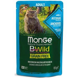 Monge Bwild Grain Free Bocconcini in Salsa per Gatti Adulti da 85 gr Gusto Acciughe con Ortaggi