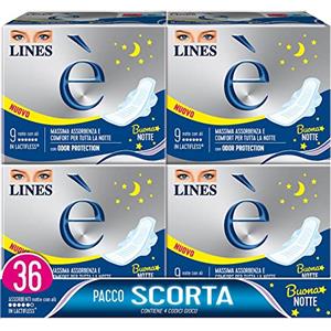 LINES È NOTTE con ali, Pacco scorta da 36 assorbenti per ciclo mestruale, con struttura in Lactifless, Assorbenza e comfort per tutta la notte, con Odor Protection
