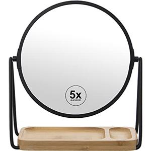 DRW Specchio rotondo con base 5 ingrandimenti in metallo e legno in nero e naturale 18 cm