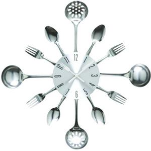 Timelike - Orologio da parete 40 cm in metallo, per cucina, motivo posate e utensili con cucchiaio forchetta, decorazione la casa moderna creativa, stile antico (argento