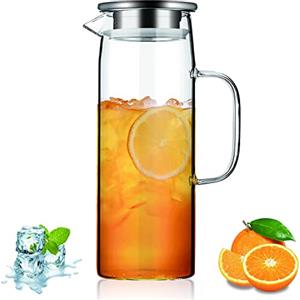 Kyraton Caraffa Acqua 1.5L, con coperchio rimovibile, trasparente per bevande calde e fredde, bottiglia di vetro borosilicato resistente al calore, facile da pulire, adatto per tè, caffè