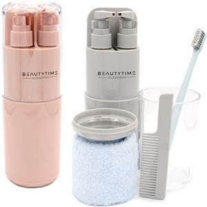 BEAUTYTIME Travel Set - Set da Viaggio Completo con Dispenser, Spazzolino, Tazza, Pettine, Asciugamano e Specchio in Grigio o Rosa